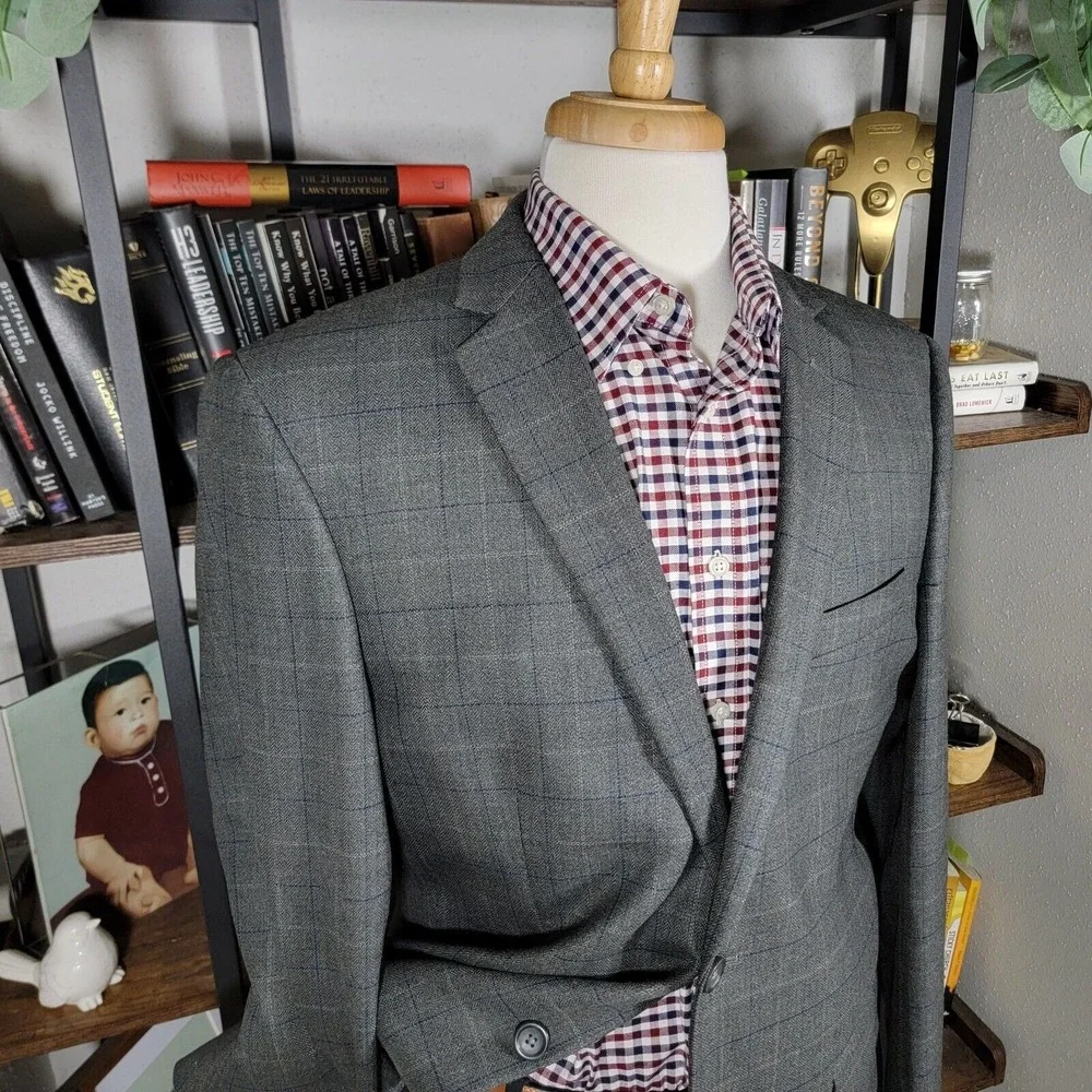 Pronto Uomo Platinum Men's Sport Coat Two Button Gray Plaid Herringbone Size 42R